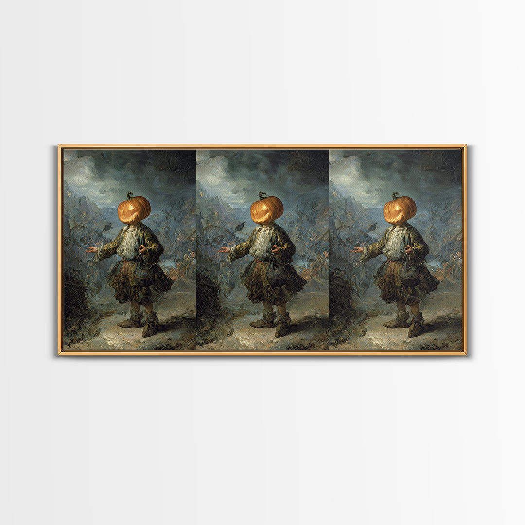 The Pumpkin-Headed Child, Northern Renaissance Horror, Wide Panoramic Art, Dark Fantasy Wall Art, Framed Canvas Print