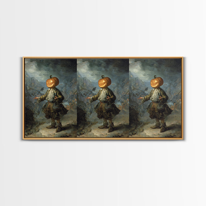 The Pumpkin-Headed Child, Northern Renaissance Horror, Wide Panoramic Art, Dark Fantasy Wall Art, Framed Canvas Print