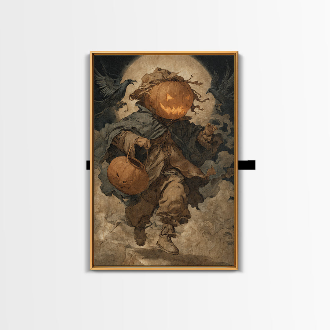 The Pumpkin-Headed Child, Dark Renaissance Art, Vertical Wall Art, Dark Fantasy Wall Art, Framed Canvas Print, Halloween Wall Art