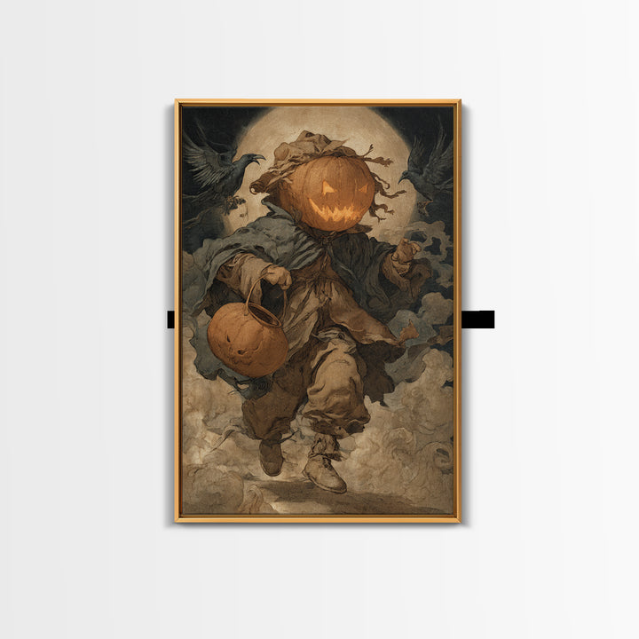 The Pumpkin-Headed Child, Dark Renaissance Art, Vertical Wall Art, Dark Fantasy Wall Art, Framed Canvas Print, Halloween Wall Art