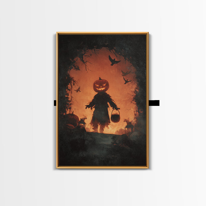 The Pumpkin-Headed Child, Dark Romantic Horror Art, Vertical Wall Art, Macabre Wall Art, Canvas Print, Halloween Wall Art