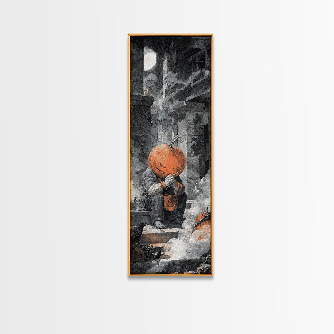 The Pumpkin-Headed Child, Architectural Etching Art, Tall Narrow Wall Art, Macabre Wall Art, Canvas Print, Halloween Wall Art