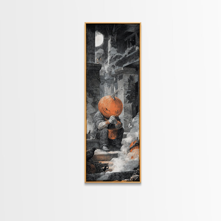 The Pumpkin-Headed Child, Architectural Etching Art, Tall Narrow Wall Art, Macabre Wall Art, Canvas Print, Halloween Wall Art