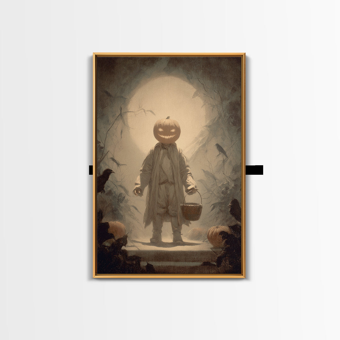 The Pumpkin-Headed Child, Symbolist Dream Art, Vertical Wall Art, Dark Fantasy Wall Art, Framed Canvas Print, Halloween Wall Art
