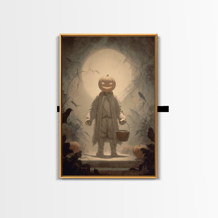 The Pumpkin-Headed Child, Symbolist Dream Art, Vertical Wall Art, Dark Fantasy Wall Art, Framed Canvas Print, Halloween Wall Art