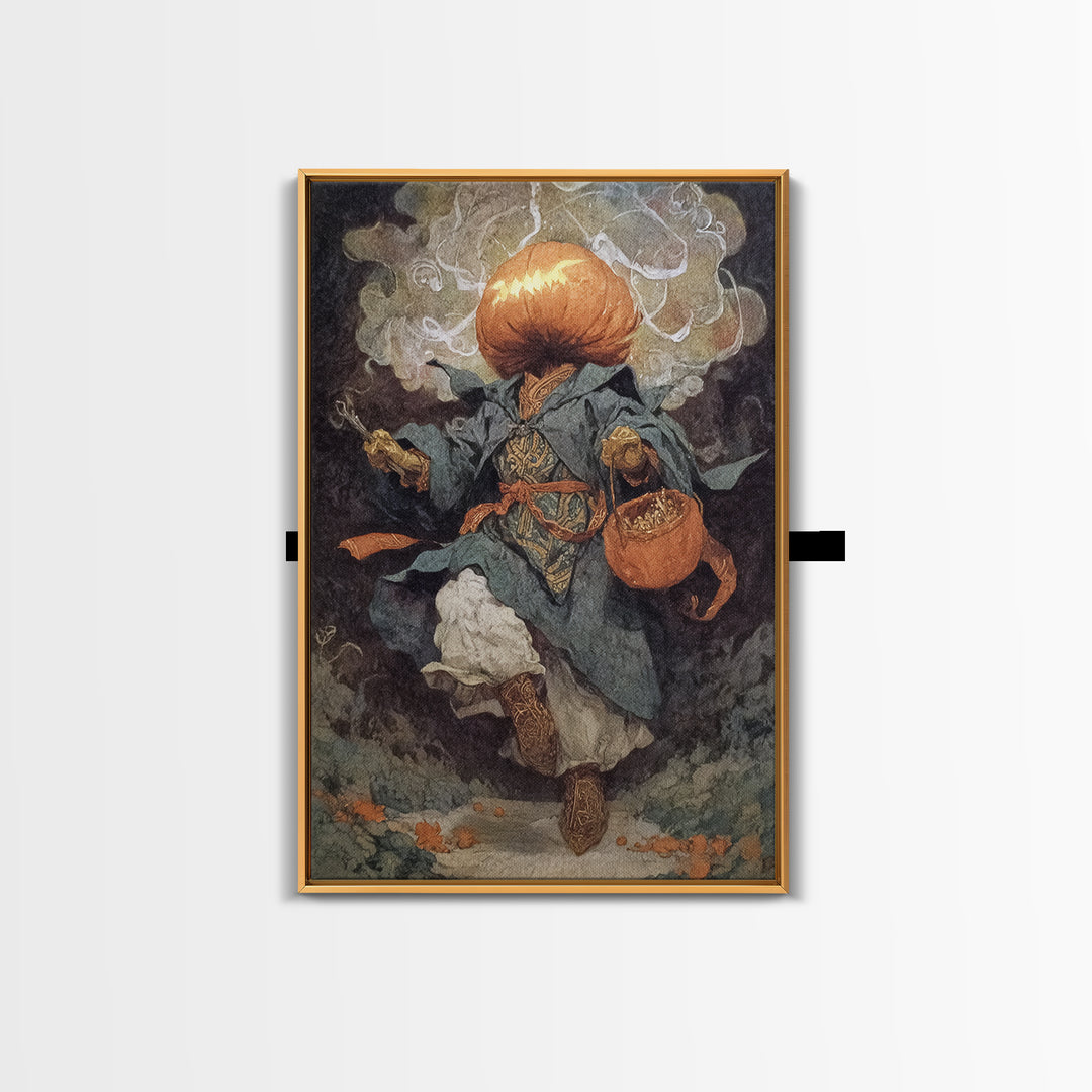 The Pumpkin-Headed Child, Ornate Symbolist Art, Vertical Wall Art, Dark Halloween Decor, Framed Canvas Print, Halloween Wall Art