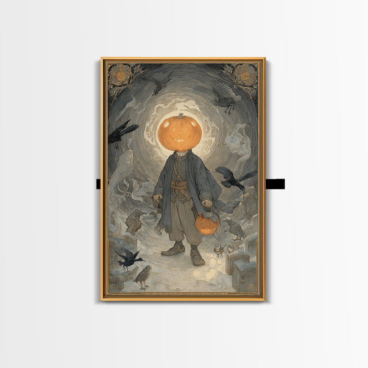 The Pumpkin-Headed Child, Symbolist Death Art, Vertical Wall Art, Dark Fantasy Wall Art, Framed Canvas Print, Halloween Wall Art
