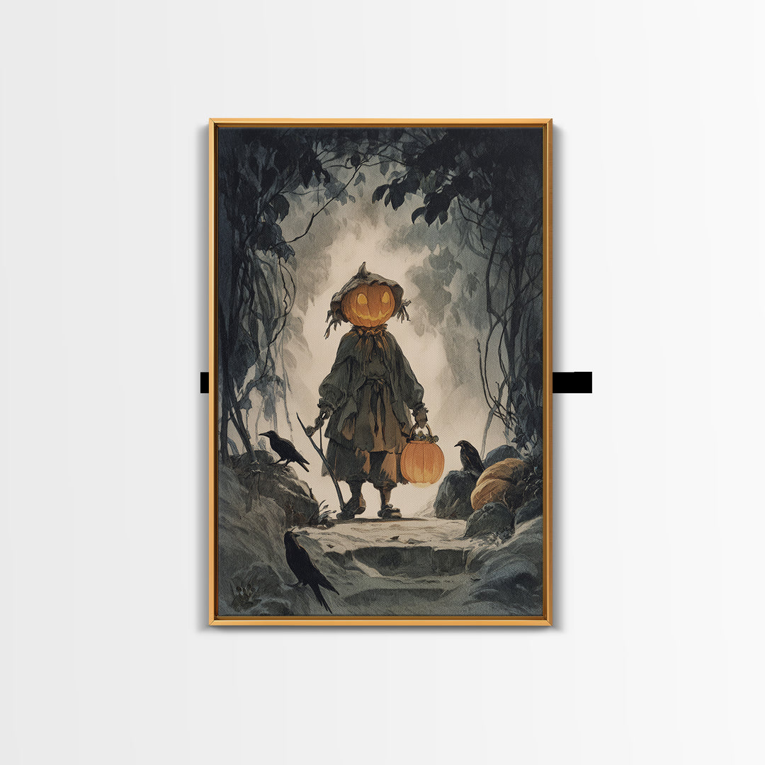 The Pumpkin-Headed Child, Symbolist Etching Art, Vertical Wall Art, Gothic Horror Wall Art, Canvas Print, Halloween Wall Art