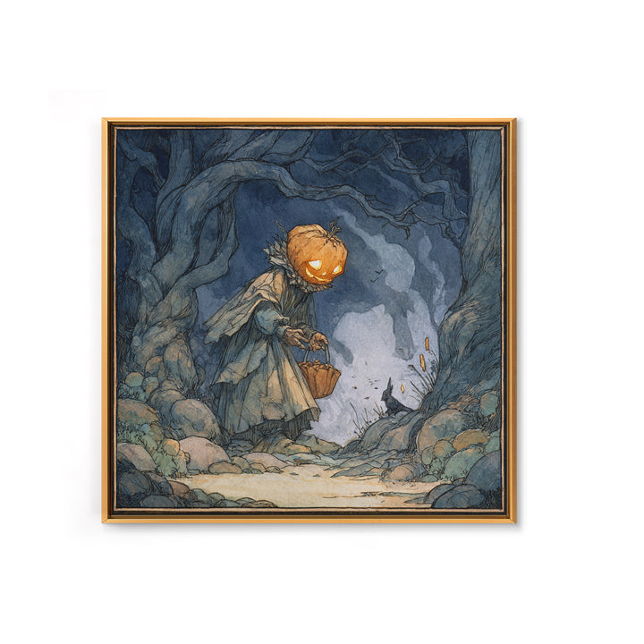 The Pumpkin-Headed Child, Gothic Storybook Art, Square Wall Art, Dark Fantasy Wall Art, Framed Canvas Print, Halloween Wall Art