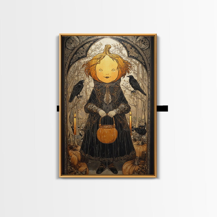 The Pumpkin-Headed Child, Stained Glass Gothic Art, Vertical Wall Art, Dark Fantasy Wall Art, Framed Canvas Print, Halloween Wall Art