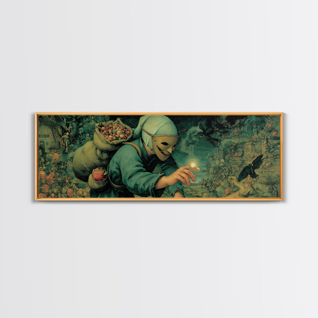 The Masked Candy Collector, Medieval Grotesque Art, Extra Wide Wall Art, Dark Fantasy Wall Art, Framed Canvas Print