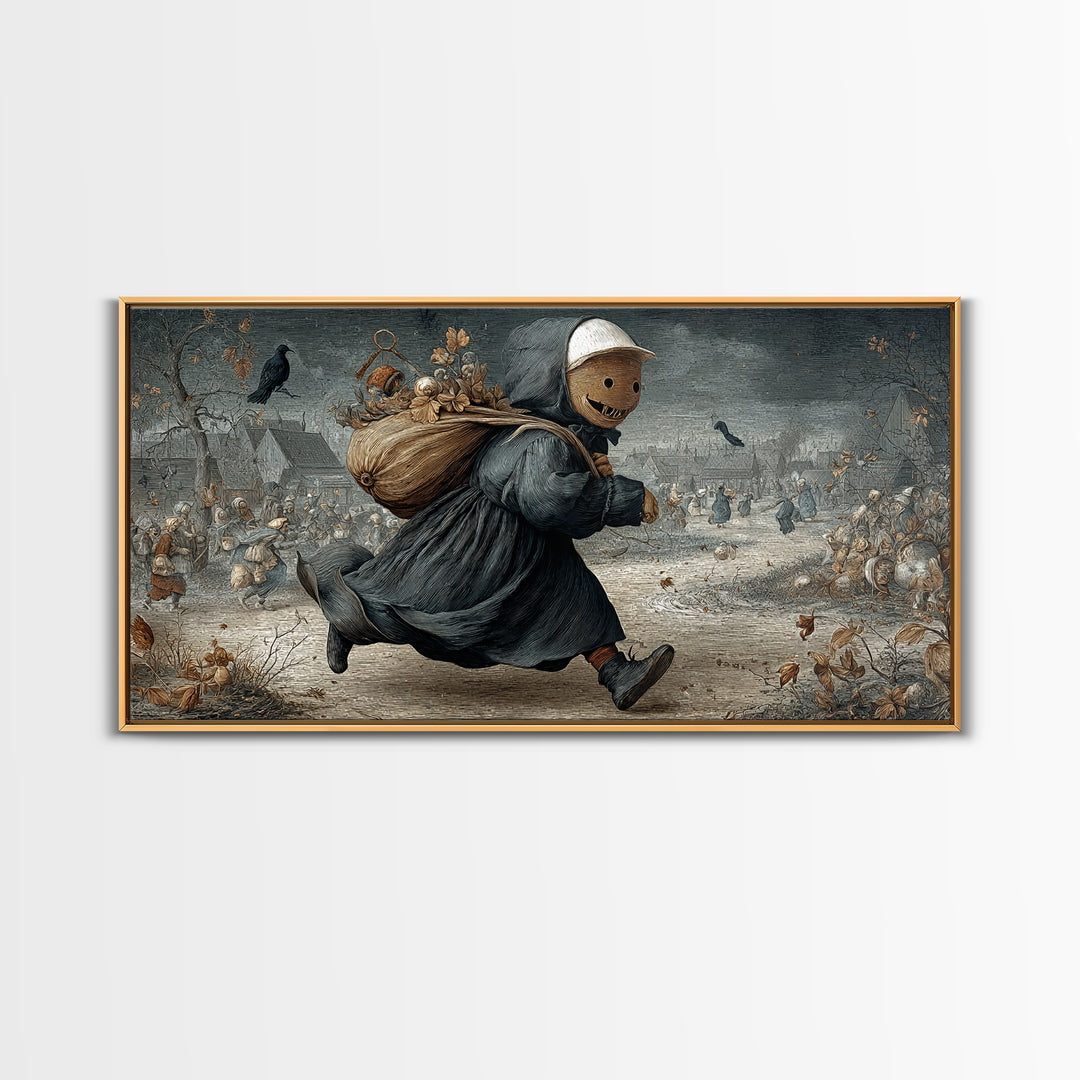 The Masked Candy Collector, Northern Renaissance Horror, Wide Panoramic Art, Gothic Horror Wall Art, Framed Canvas Print