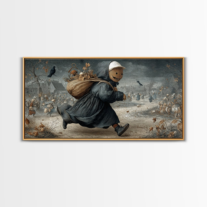 The Masked Candy Collector, Northern Renaissance Horror, Wide Panoramic Art, Gothic Horror Wall Art, Framed Canvas Print