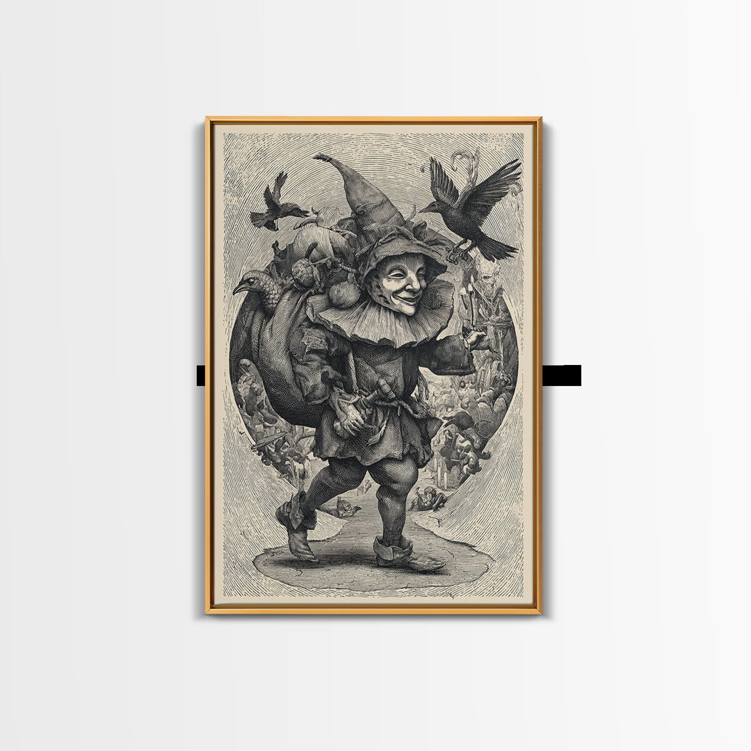 The Masked Candy Collector, Renaissance Engraving Art, Vertical Wall Art, Gothic Horror Wall Art, Framed Canvas Print, Halloween Wall Art