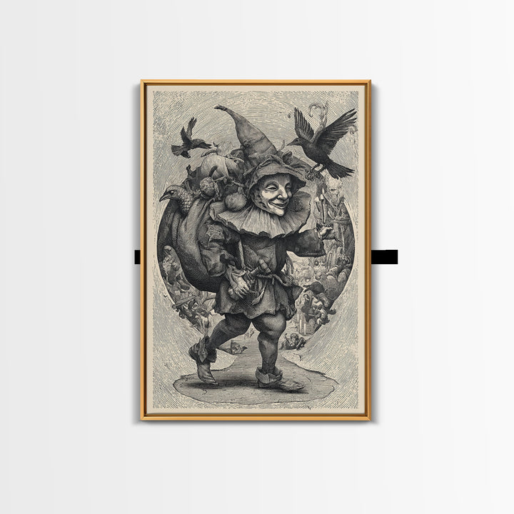 The Masked Candy Collector, Renaissance Engraving Art, Vertical Wall Art, Gothic Horror Wall Art, Framed Canvas Print, Halloween Wall Art