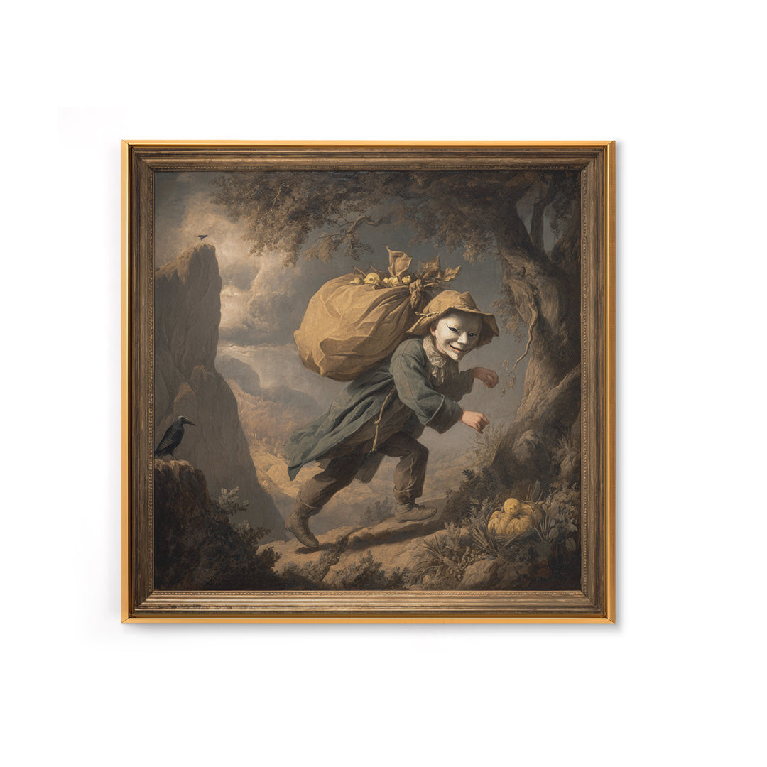 The Masked Candy Collector, Baroque Witchcraft Art, Square Wall Art, Dark Halloween Decor, Framed Canvas Print, Halloween Wall Art