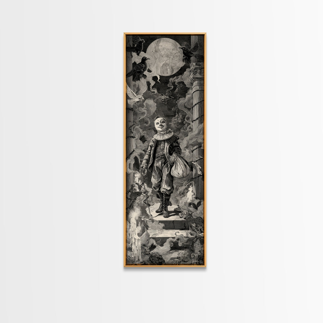 The Masked Candy Collector, Architectural Etching Art, Tall Narrow Wall Art, Dark Halloween Decor, Canvas Print