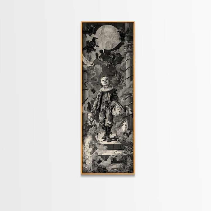 The Masked Candy Collector, Architectural Etching Art, Tall Narrow Wall Art, Dark Halloween Decor, Canvas Print