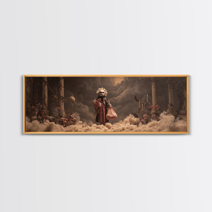 The Masked Candy Collector, Apocalyptic Romantic Art, Extra Wide Wall Art, Gothic Horror Wall Art, Framed Canvas Print, Halloween Wall Art