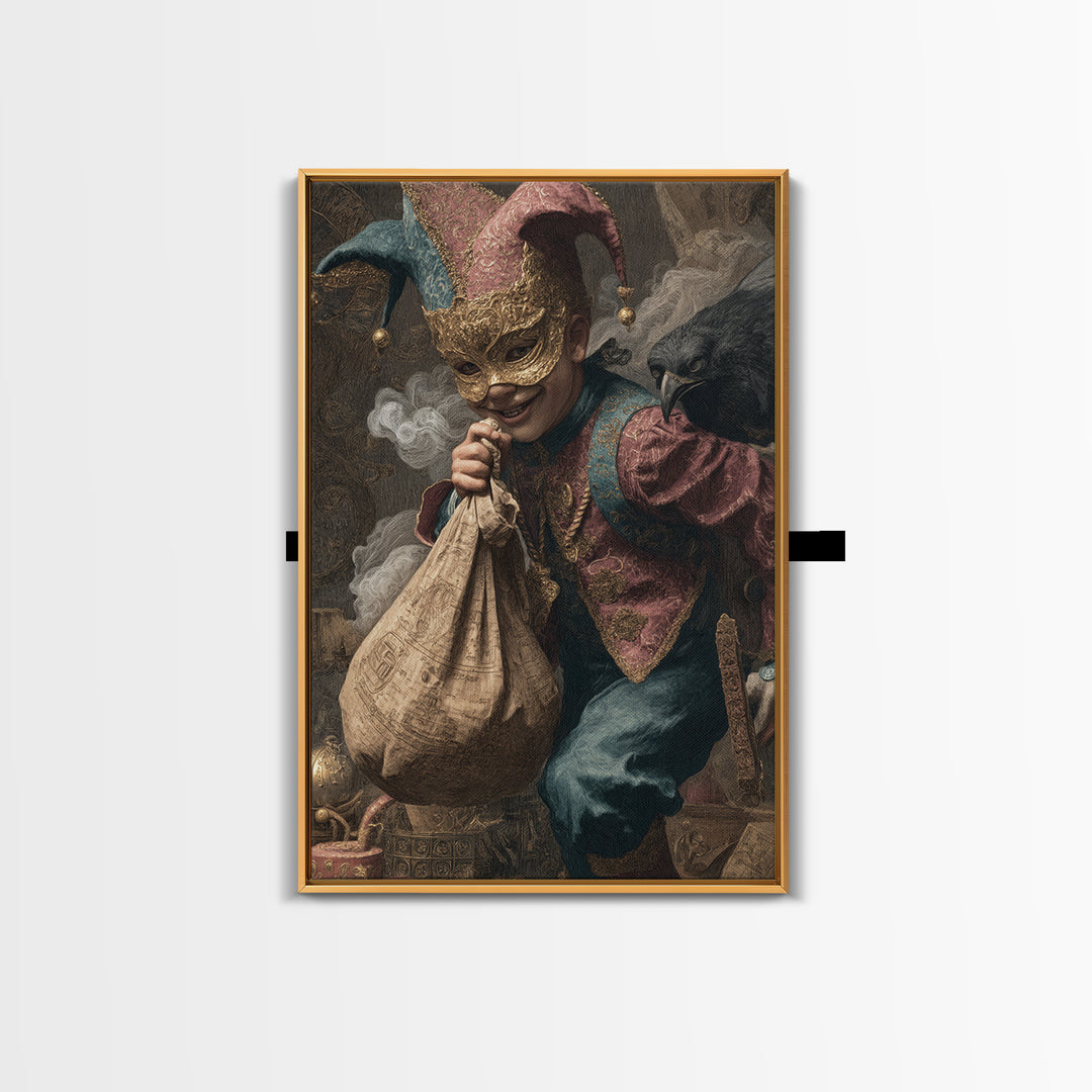 The Masked Candy Collector, Ornate Symbolist Art, Vertical Wall Art, Dark Fantasy Wall Art, Framed Canvas Print, Halloween Wall Art