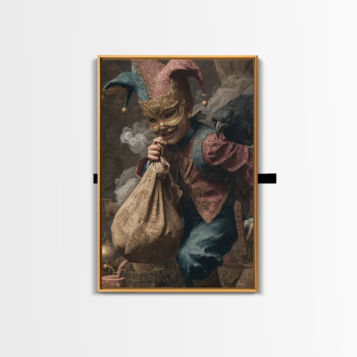 The Masked Candy Collector, Ornate Symbolist Art, Vertical Wall Art, Dark Fantasy Wall Art, Framed Canvas Print, Halloween Wall Art