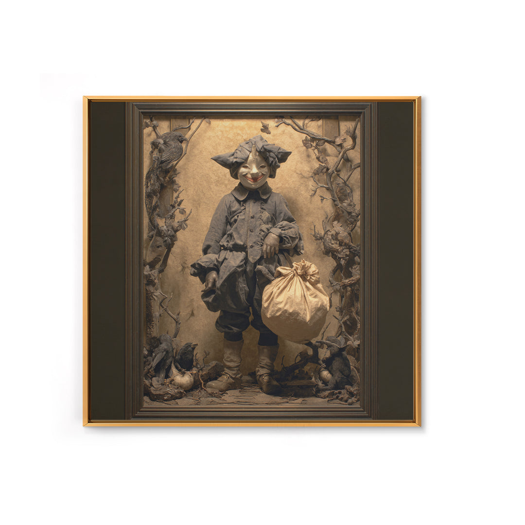 The Masked Candy Collector, Dark Symbolist Art, Square Wall Art, Dark Halloween Decor, Canvas Print, Halloween Wall Art