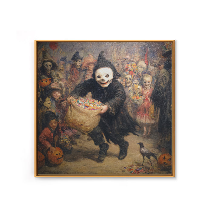 The Masked Candy Collector, Grotesque Carnival Art, Square Wall Art, Macabre Wall Art, Canvas Print, Halloween Wall Art, Dark Fantasy Art