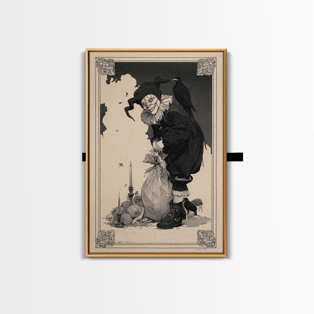 The Masked Candy Collector, Decadent Line Art, Vertical Wall Art, Macabre Wall Art, Canvas Print, Halloween Wall Art