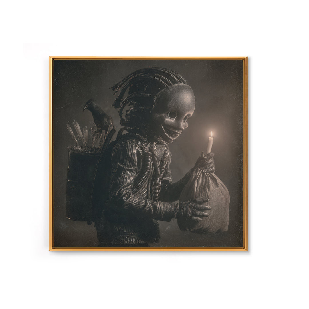 The Masked Candy Collector, Biomechanical Horror Art, Square Wall Art, Dark Halloween Decor, Framed Canvas Print, Halloween Wall Art