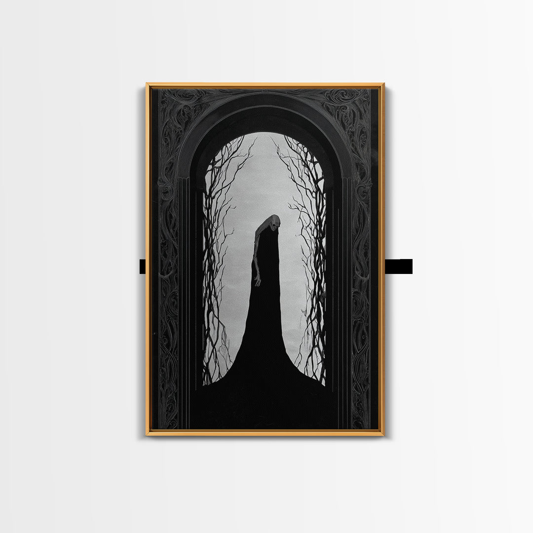 The Shadow Person, Decadent Line Art, Vertical Wall Art, Dark Halloween Decor, Framed Canvas Print, Halloween Wall Art
