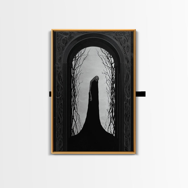 The Shadow Person, Decadent Line Art, Vertical Wall Art, Dark Halloween Decor, Framed Canvas Print, Halloween Wall Art