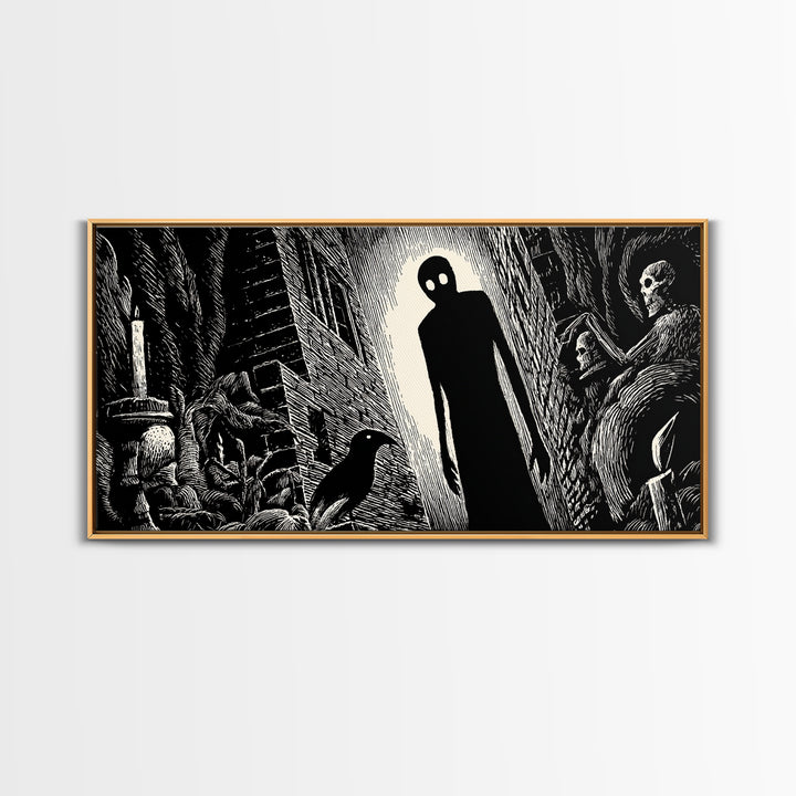 The Shadow Person, Macabre Folk Print Art, Wide Panoramic Art, Dark Halloween Decor, Canvas Print, Halloween Wall Art