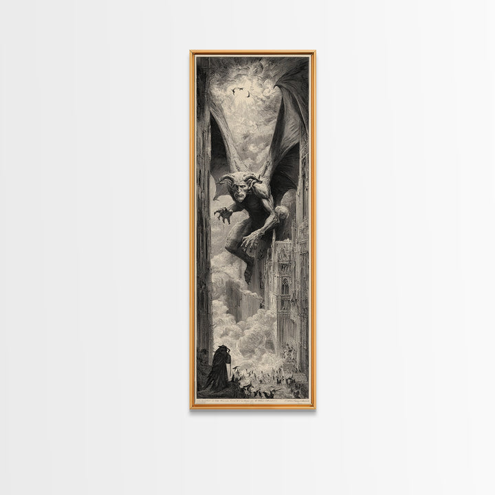 The Gargoyle Sentinel, Gothic Engraving Art, Tall Narrow Wall Art, Gothic Horror Wall Art, Framed Canvas Print, Halloween Wall Art