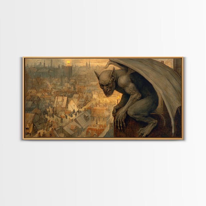 The Gargoyle Sentinel, Northern Renaissance Horror, Wide Panoramic Art, Gothic Horror Wall Art, Canvas Print, Halloween Wall Art