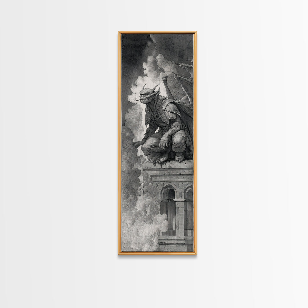 The Gargoyle Sentinel, Renaissance Engraving Art, Tall Narrow Wall Art, Dark Fantasy Wall Art, Canvas Print, Halloween Wall Art