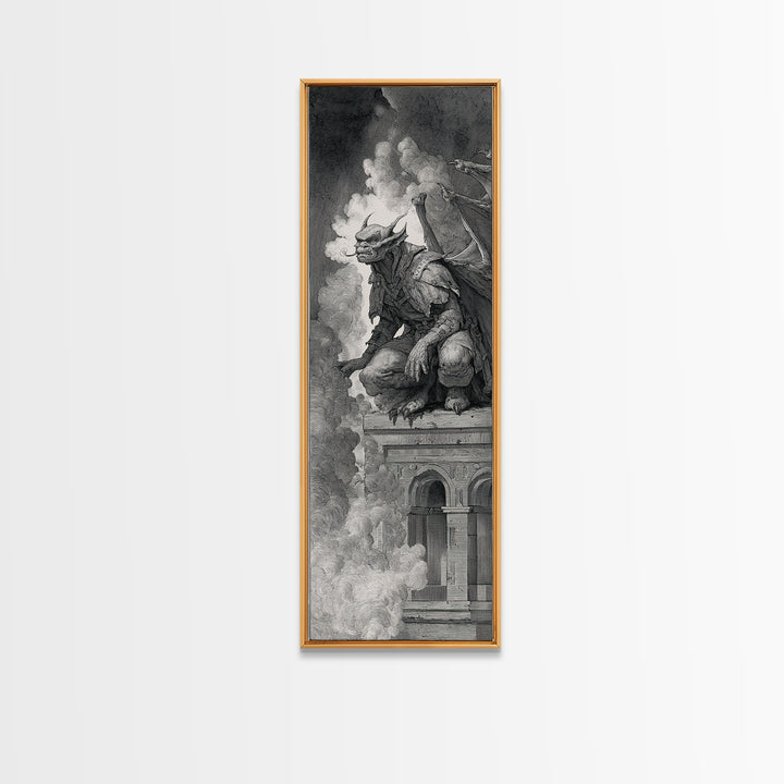 The Gargoyle Sentinel, Renaissance Engraving Art, Tall Narrow Wall Art, Dark Fantasy Wall Art, Canvas Print, Halloween Wall Art