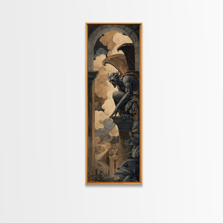 The Gargoyle Sentinel, Visionary Gothic Art, Tall Narrow Wall Art, Gothic Horror Wall Art, Canvas Print, Halloween Wall Art