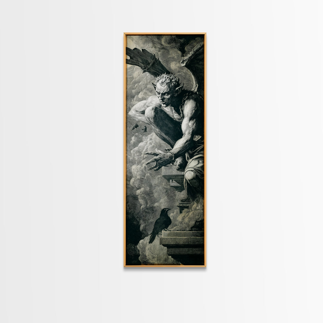 The Gargoyle Sentinel, Architectural Etching Art, Tall Narrow Wall Art, Dark Halloween Decor, Canvas Print, Halloween Wall Art