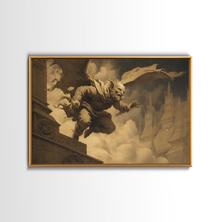 The Gargoyle Sentinel, Romantic Gothic Landscape, Landscape Wall Art, Gothic Horror Wall Art, Canvas Print, Halloween Wall Art