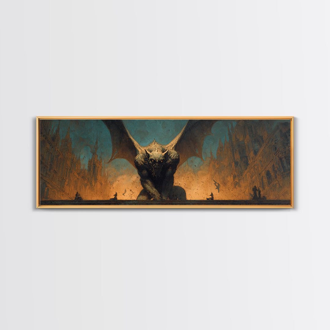 The Gargoyle Sentinel, Apocalyptic Romantic Art, Extra Wide Wall Art, Gothic Horror Wall Art, Framed Canvas Print, Halloween Wall Art