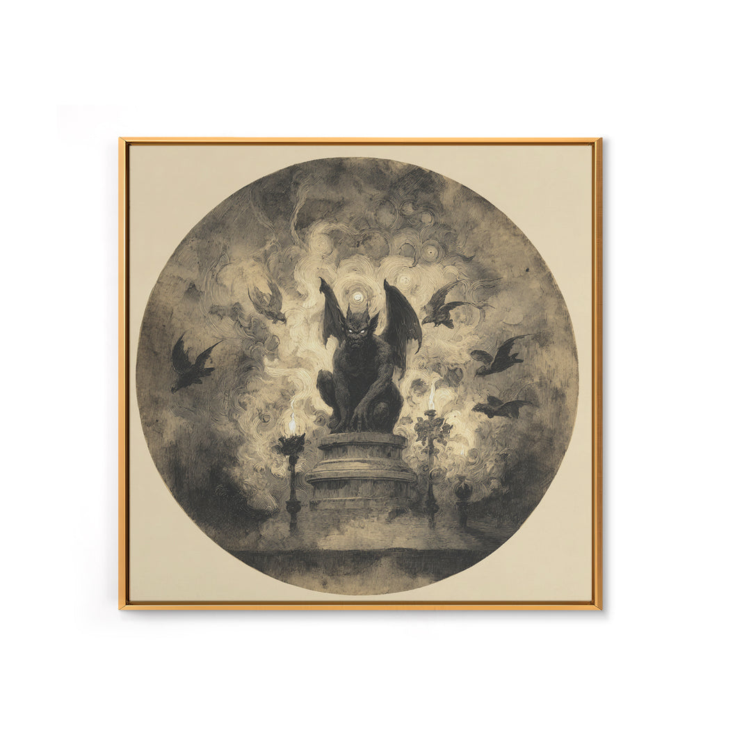 The Gargoyle Sentinel, Symbolist Dream Art, Square Wall Art, Dark Halloween Decor, Framed Canvas Print, Halloween Wall Art