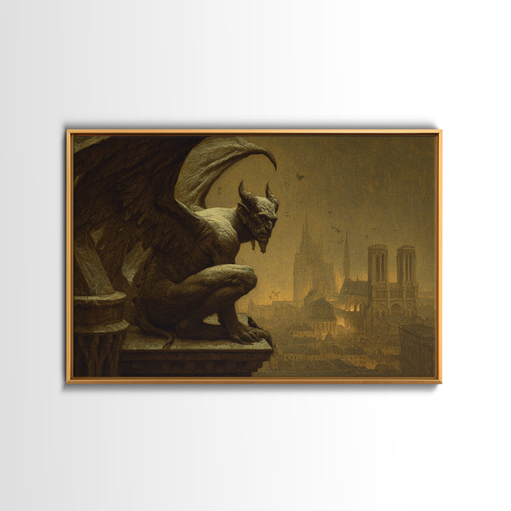 The Gargoyle Sentinel, Symbolist Gothic Landscape, Landscape Wall Art, Dark Halloween Decor, Framed Canvas Print, Halloween Wall Art