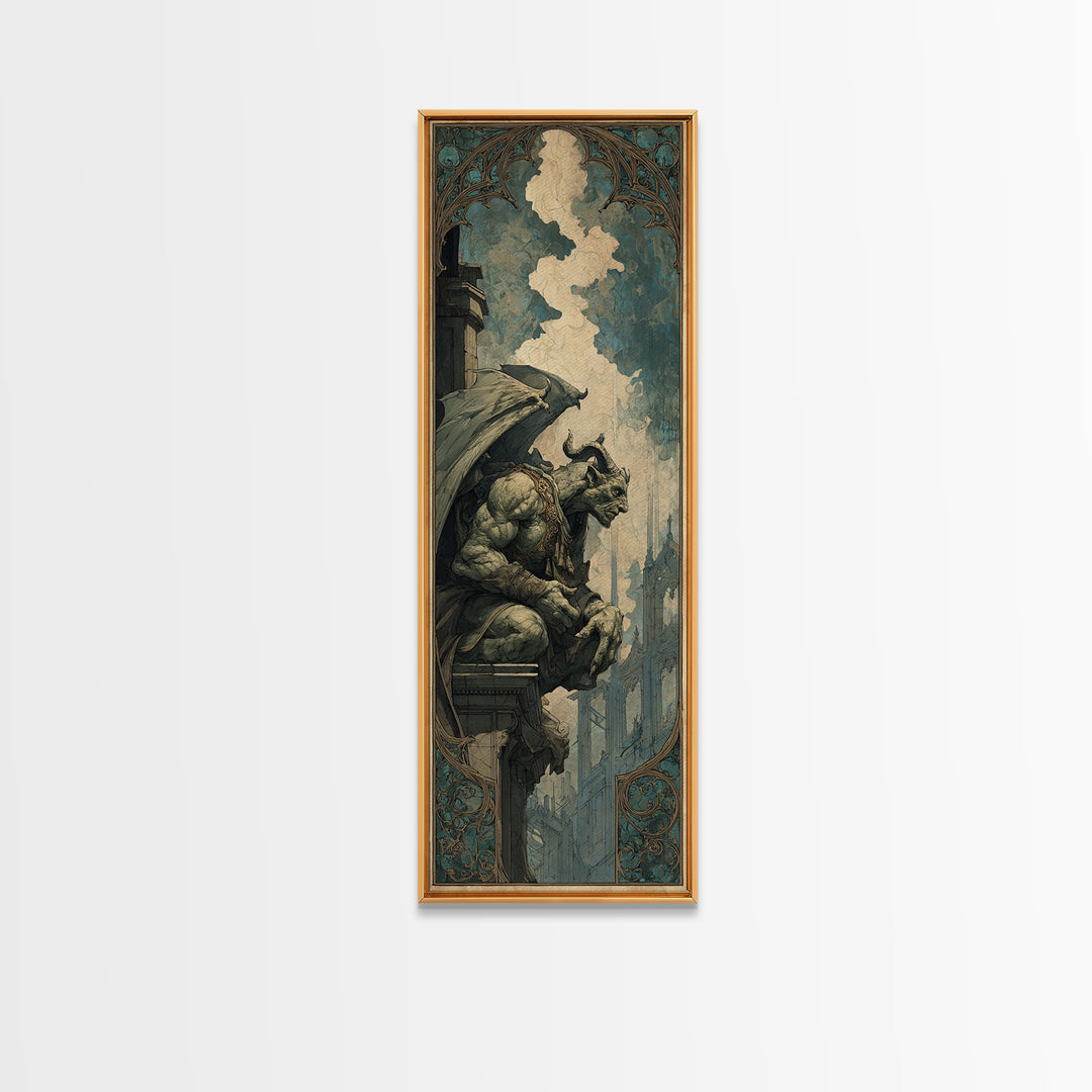 The Gargoyle Sentinel, Ornate Symbolist Art, Tall Narrow Wall Art, Dark Halloween Decor, Framed Canvas Print, Halloween Wall Art