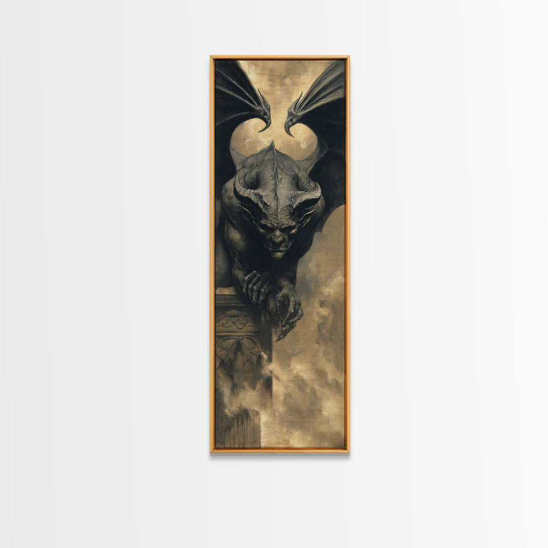 The Gargoyle Sentinel, Dark Symbolist Art, Tall Narrow Wall Art, Gothic Horror Wall Art, Canvas Print, Halloween Wall Art