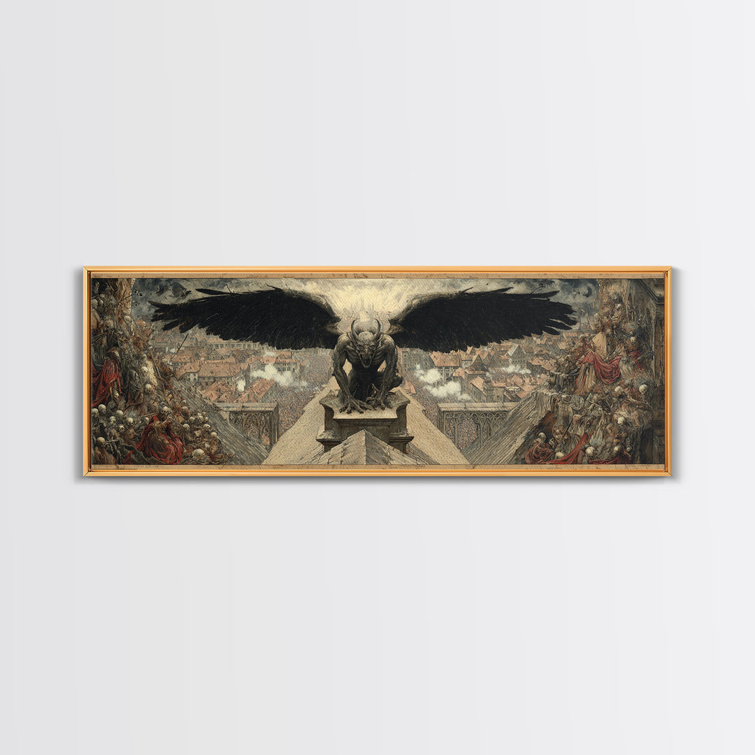 The Gargoyle Sentinel, Grotesque Carnival Art, Extra Wide Wall Art, Gothic Horror Wall Art, Canvas Print, Halloween Wall Art
