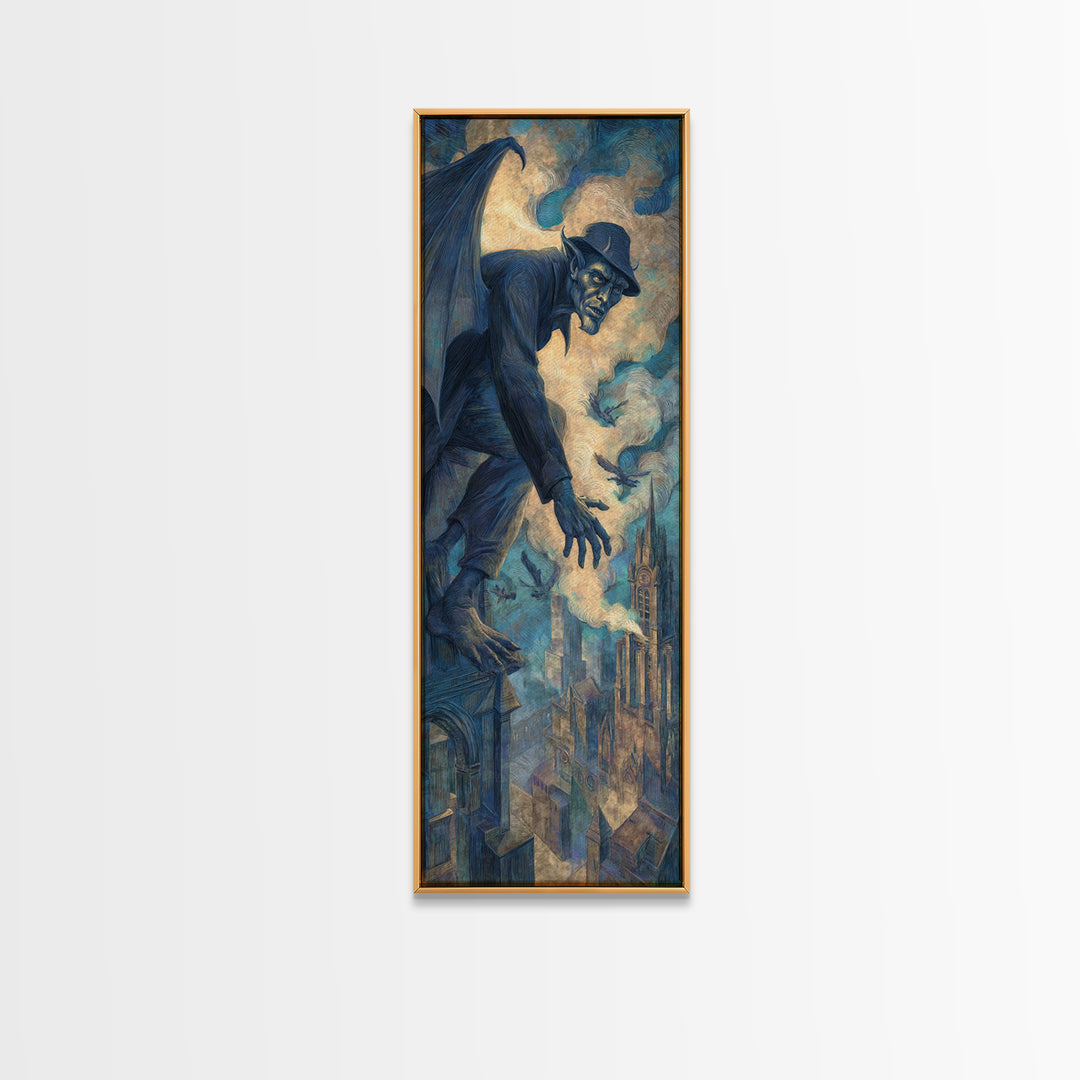 The Gargoyle Sentinel, Expressionist Gothic Art, Tall Narrow Wall Art, Macabre Wall Art, Framed Canvas Print, Halloween Wall Art