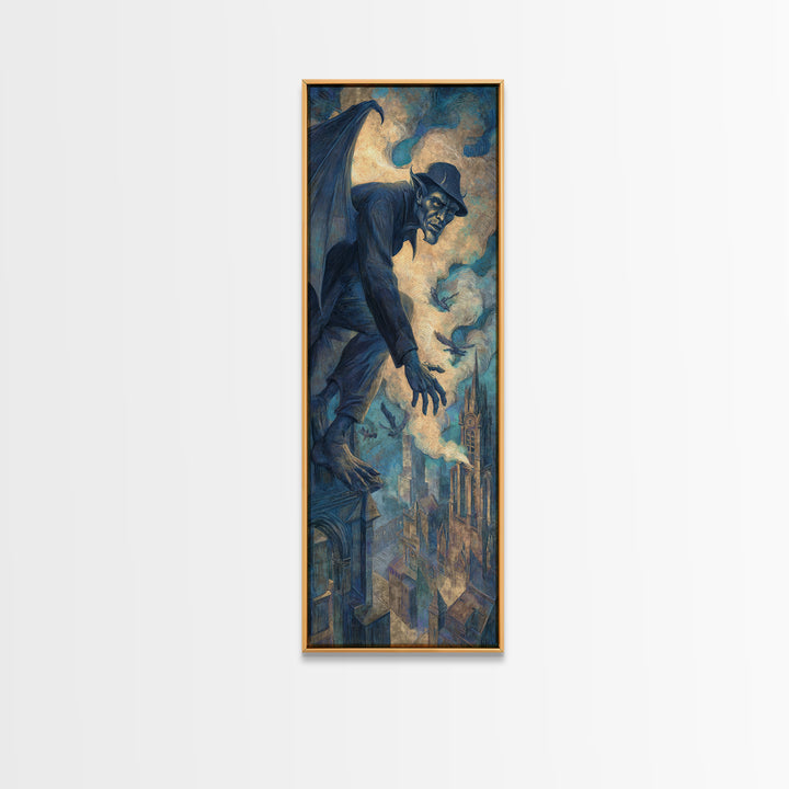 The Gargoyle Sentinel, Expressionist Gothic Art, Tall Narrow Wall Art, Macabre Wall Art, Framed Canvas Print, Halloween Wall Art