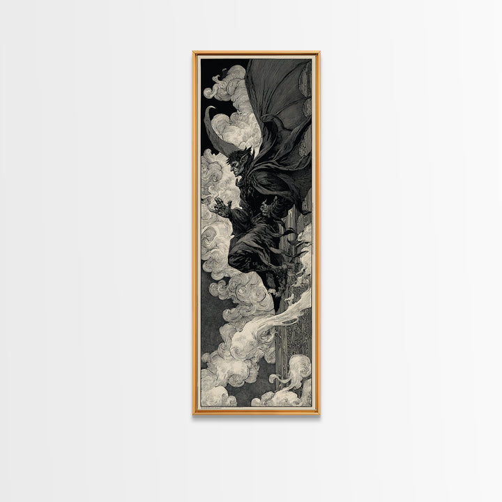 The Gargoyle Sentinel, Decadent Line Art, Tall Narrow Wall Art, Macabre Wall Art, Canvas Print, Halloween Wall Art
