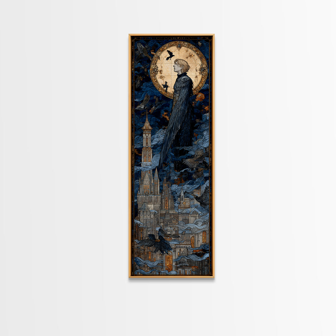 The Gargoyle Sentinel, Stained Glass Gothic Art, Tall Narrow Wall Art, Gothic Horror Wall Art, Canvas Print, Halloween Wall Art