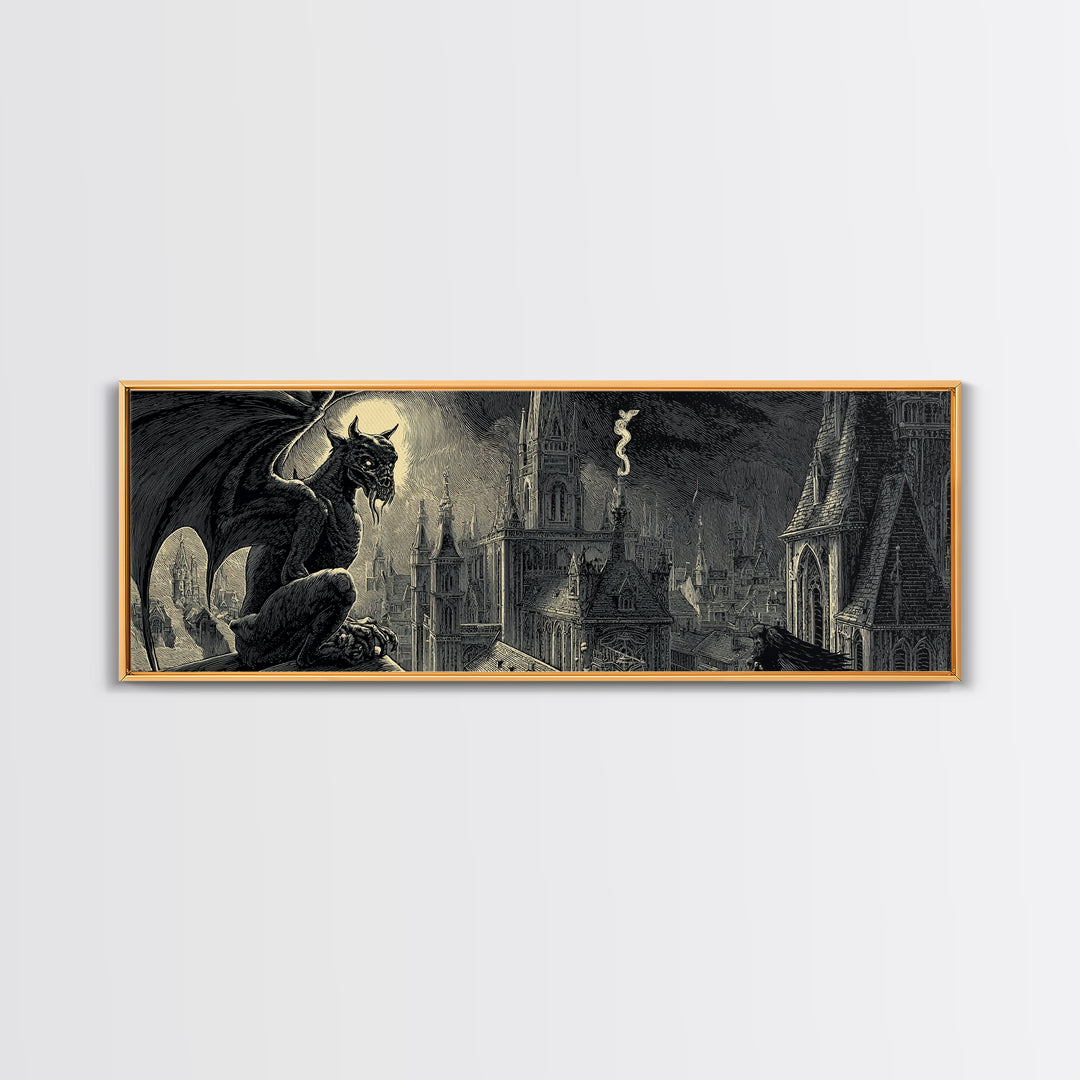 The Gargoyle Sentinel, Macabre Folk Print Art, Extra Wide Wall Art, Macabre Wall Art, Canvas Print, Halloween Wall Art